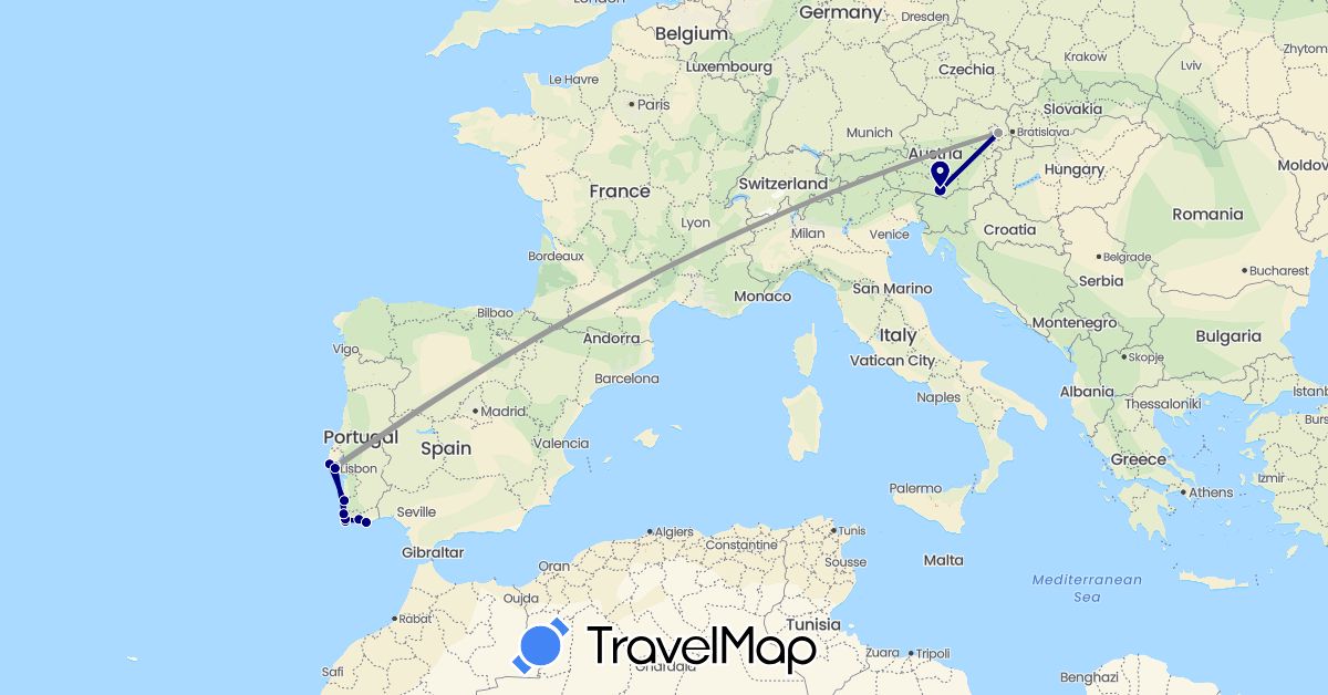 TravelMap itinerary: driving, plane in Austria, Portugal (Europe)